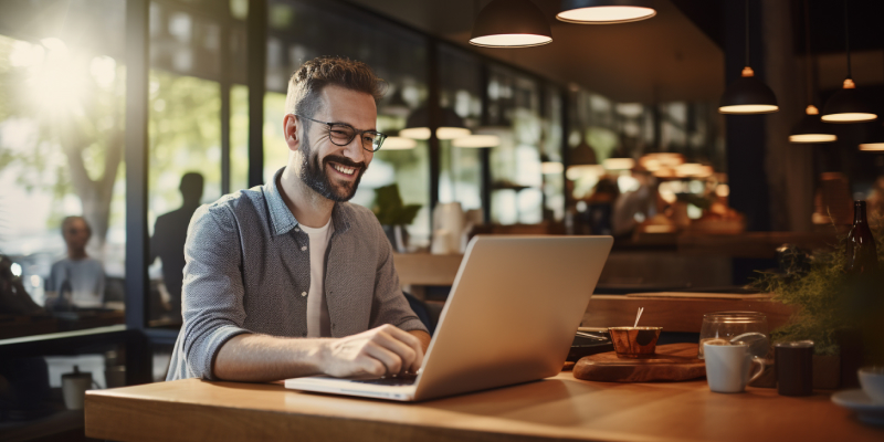 En glad UI designer med skägg sitter med sin dator på ett cafe och bygger en webbplats